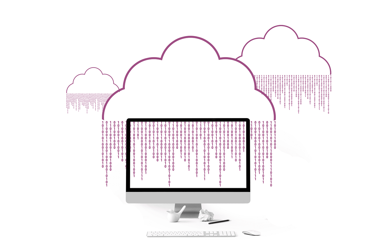 A graphic of a computer downloading data from a cloud. 