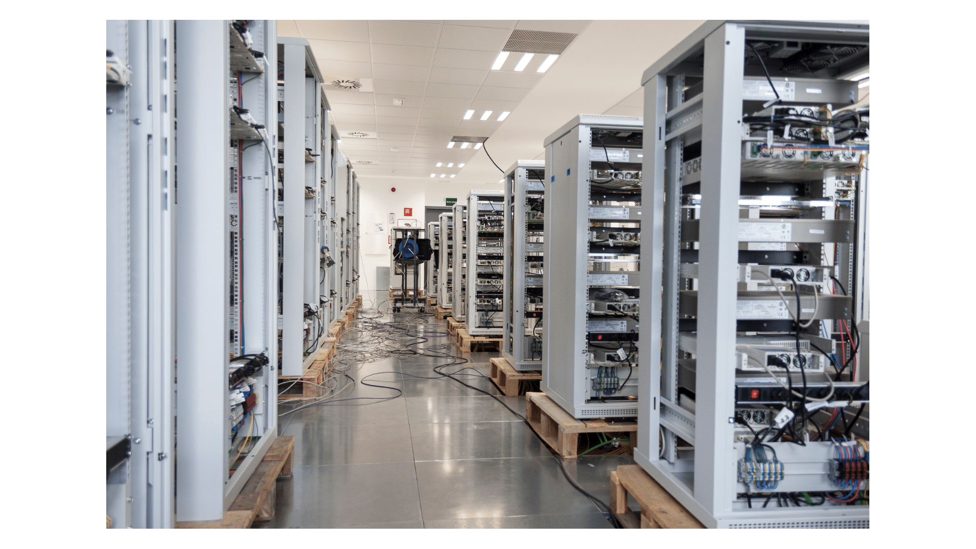 A data center room housing storage servers. 