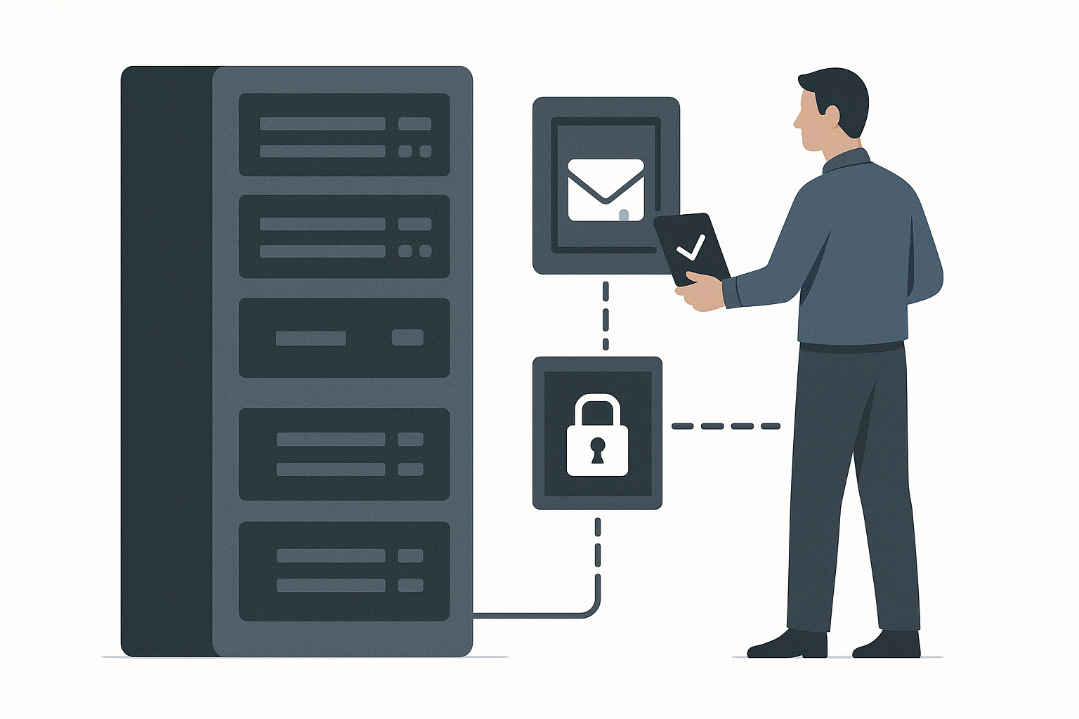 A man implements security measures for file sharing in a server room.