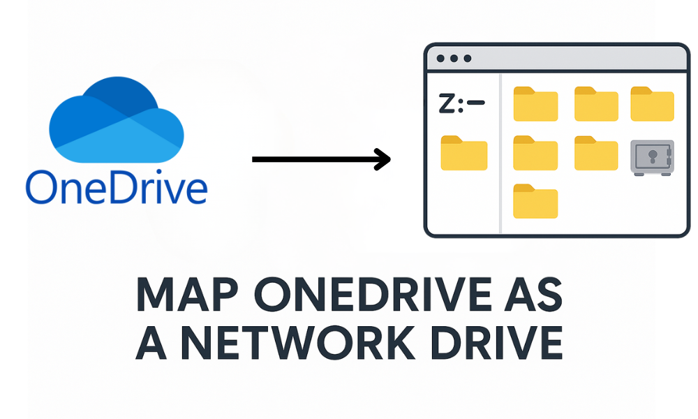 A computer screen displaying the process of mapping OneDrive as a network drive on Windows, with the OneDrive folder icon linked to the network drive