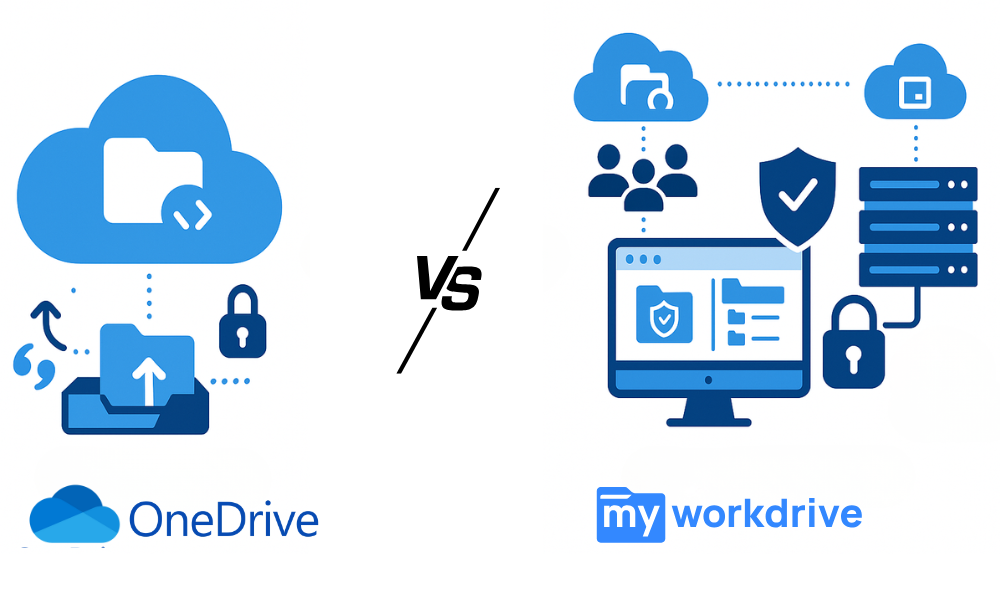 Two file servers facing off in a digital landscape, each with their own distinct logo and color scheme